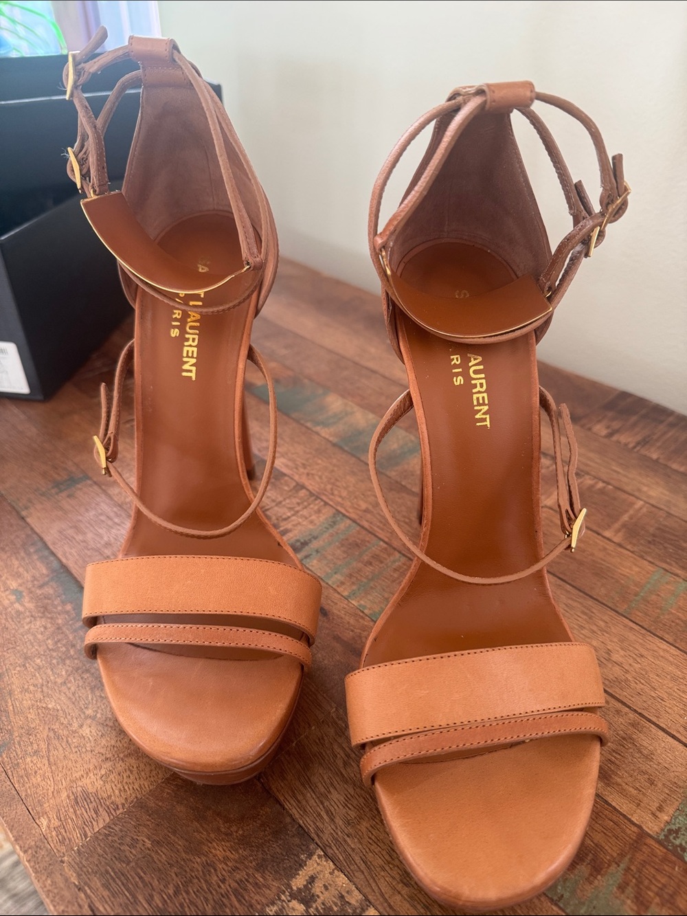 Saint Laurent Tan Leather Ankle-Strap Heels